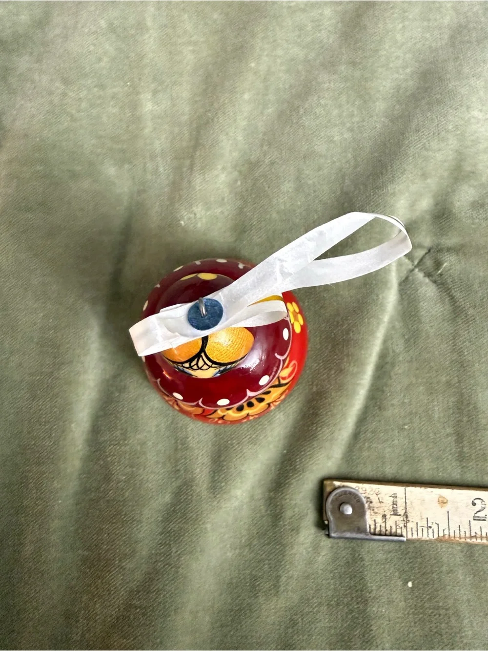 Vintage Hand-Painted Russian Roly Poly Doll Bell Ornament in Red and Gold #